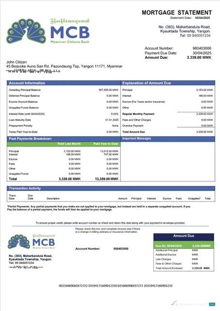 Download Myanmar Citizens Bank mortgage statement Word and PDF template Photoshop template